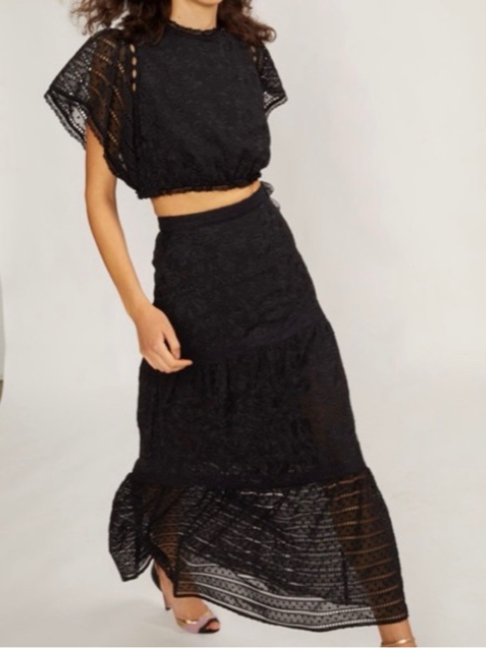 Cynthia Rowley Black Lace Maxi Skirt with Tiered Hem